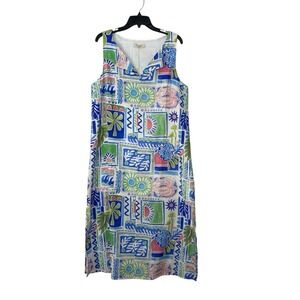 Bellambra Italy Linen Blend Shift Dress Women L Blue Green Pink Print Sleeveless